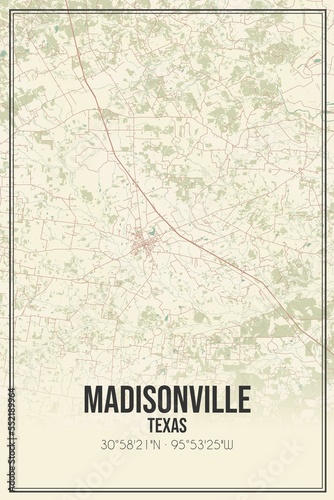 Retro US city map of Madisonville, Texas. Vintage street map. photo