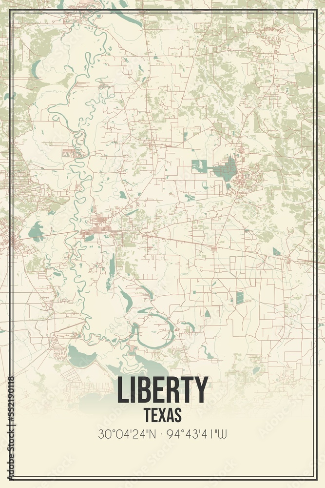 Retro US city map of Liberty, Texas. Vintage street map.