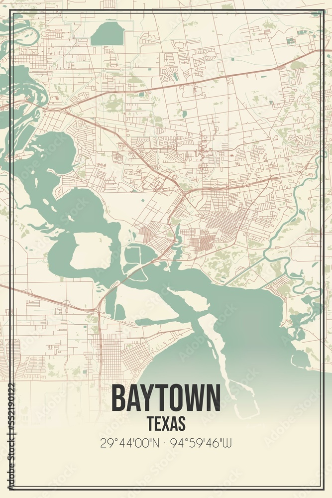 Retro US city map of Baytown, Texas. Vintage street map.