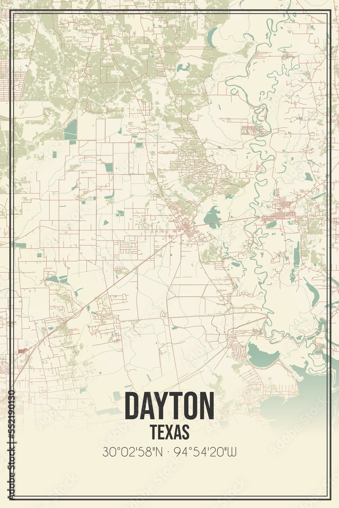 Retro US city map of Dayton, Texas. Vintage street map.