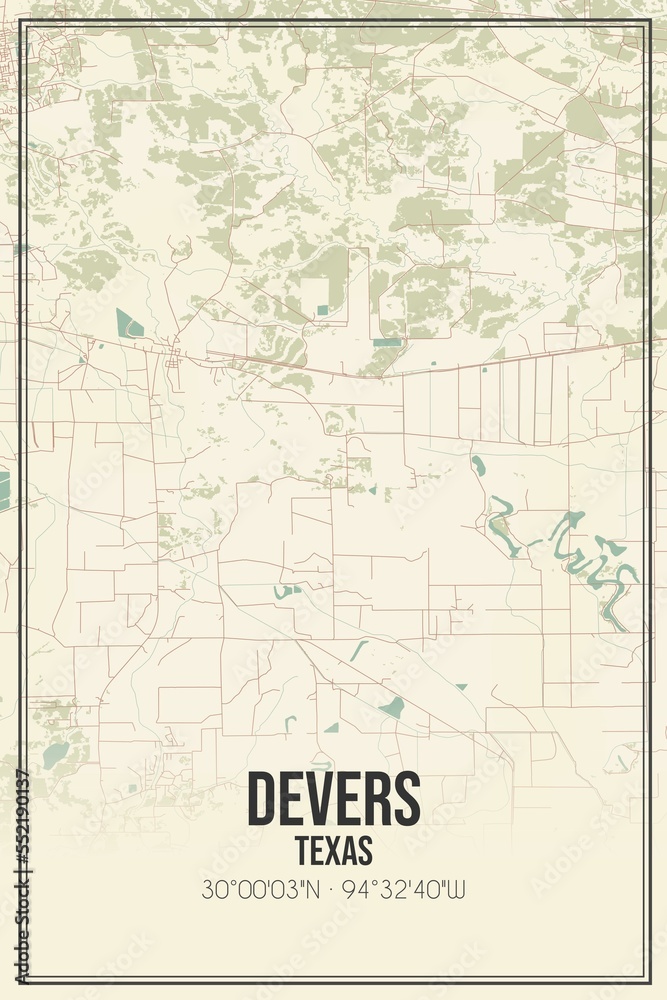 Retro US city map of Devers, Texas. Vintage street map.