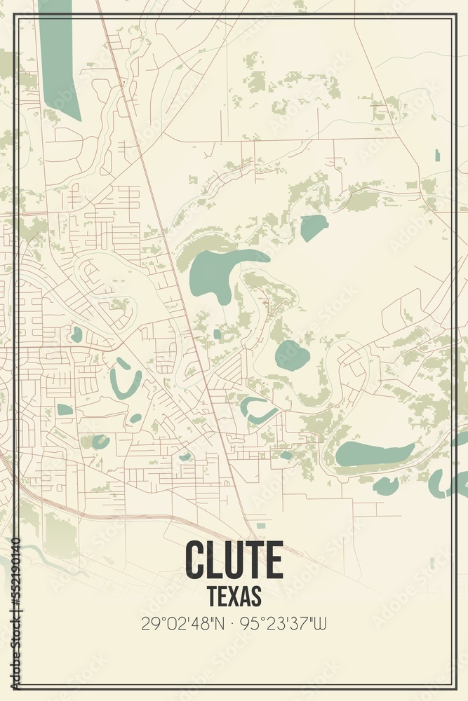 Retro US city map of Clute, Texas. Vintage street map.
