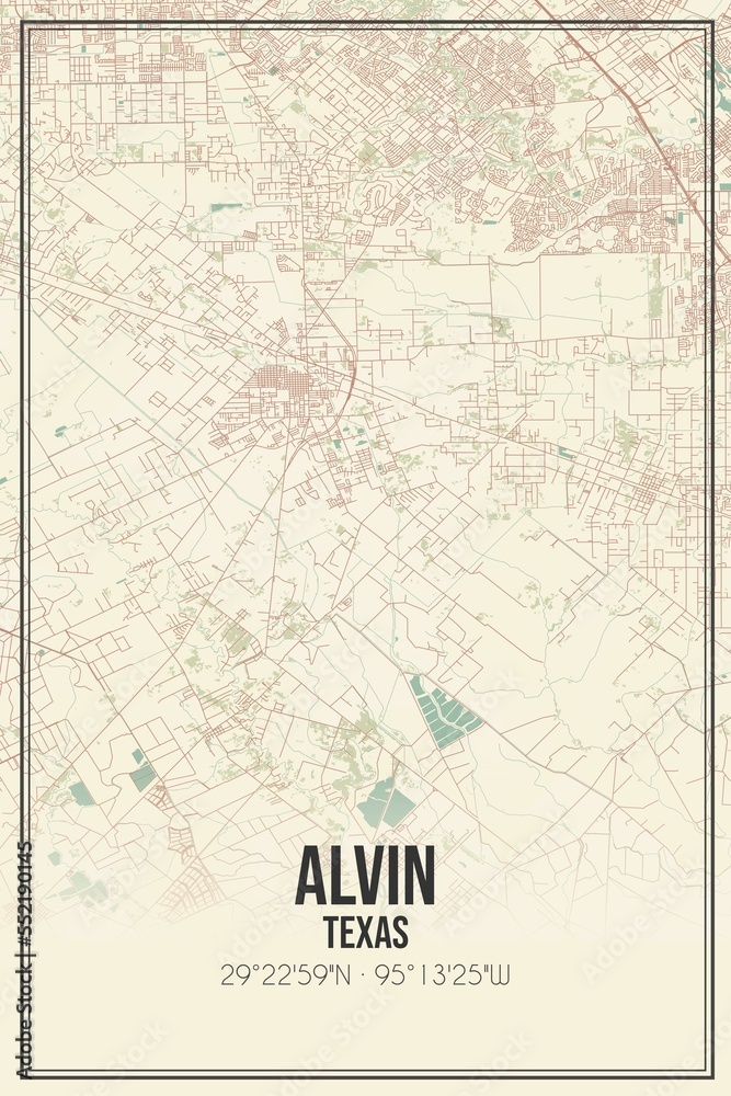 Retro US city map of Alvin, Texas. Vintage street map.