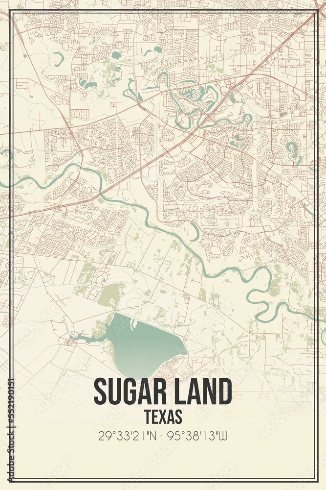 Retro US city map of Sugar Land, Texas. Vintage street map.