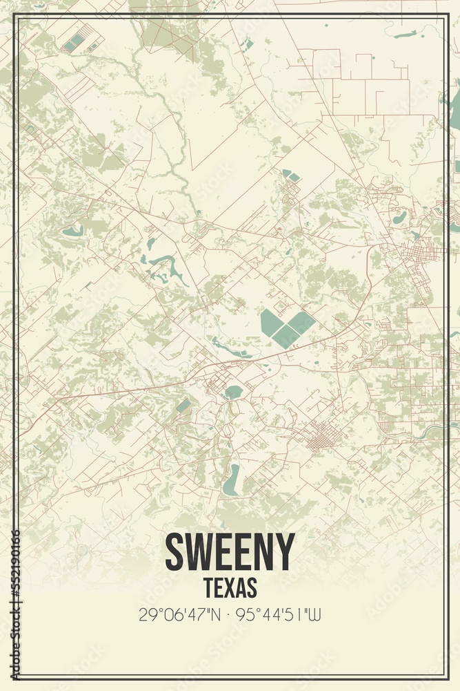 Retro US city map of Sweeny, Texas. Vintage street map.