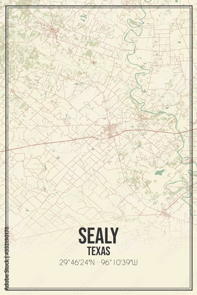 Retro US city map of Sealy, Texas. Vintage street map.