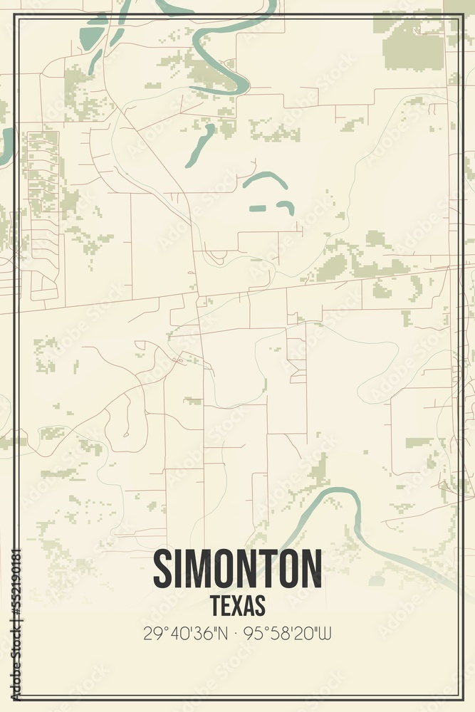 Naklejka premium Retro US city map of Simonton, Texas. Vintage street map.