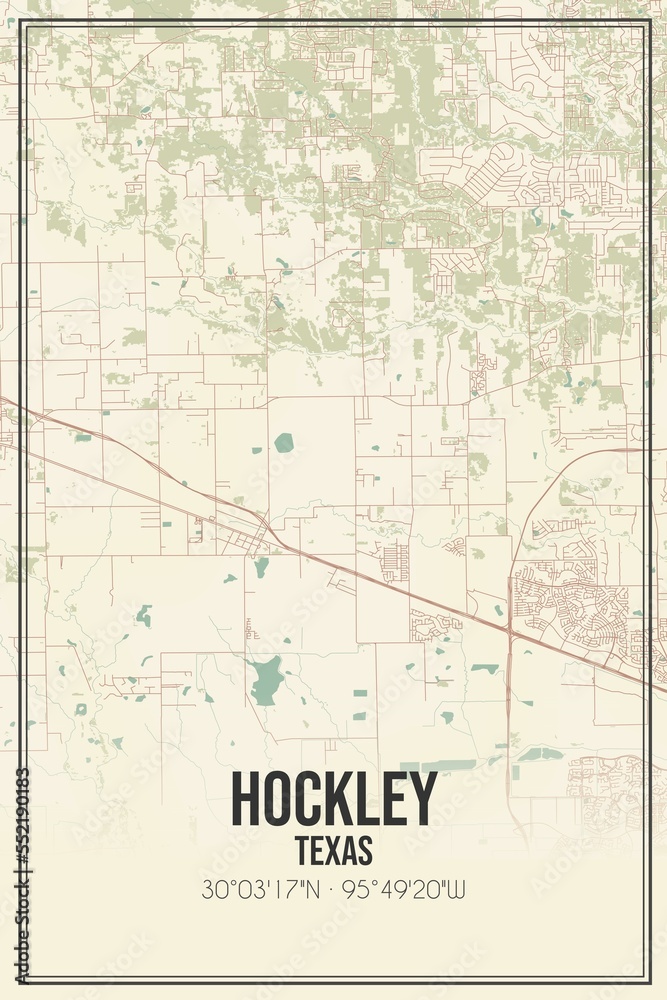 Retro US city map of Hockley, Texas. Vintage street map.