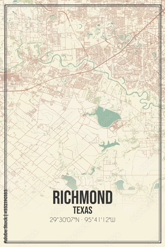 Retro US city map of Richmond, Texas. Vintage street map.