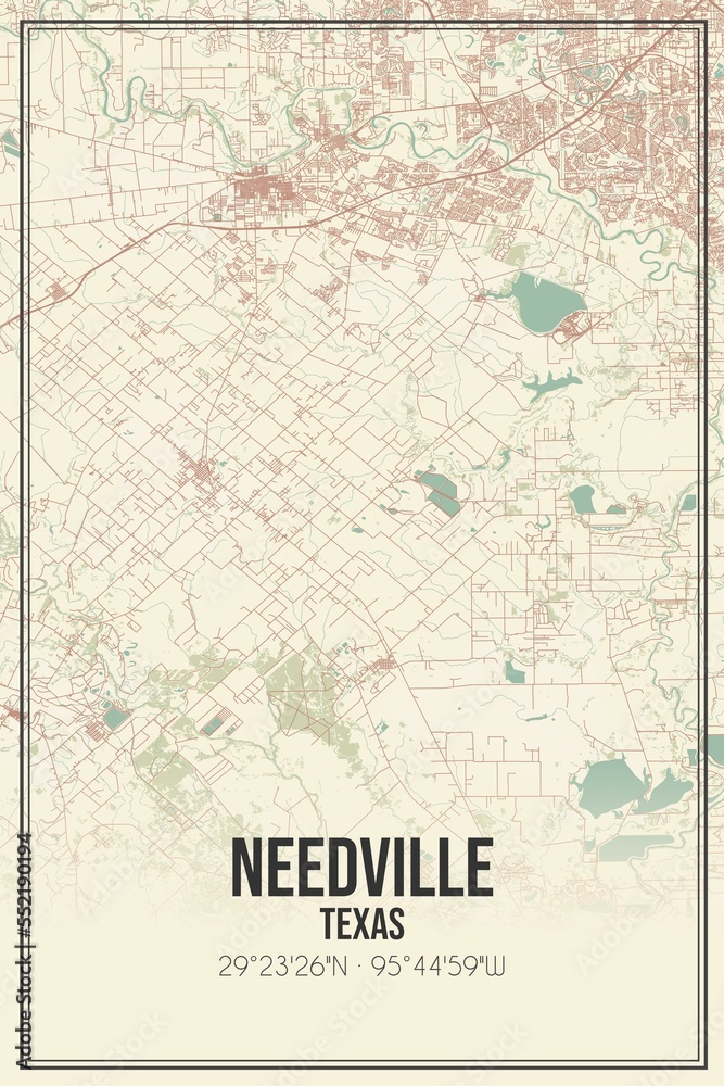 Retro US city map of Needville, Texas. Vintage street map.