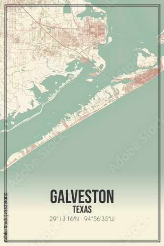 Retro US city map of Galveston, Texas. Vintage street map.