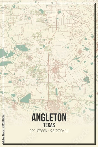 Retro US city map of Angleton  Texas. Vintage street map.