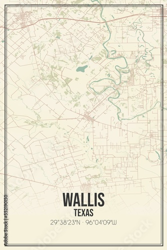 Retro US city map of Wallis, Texas. Vintage street map.