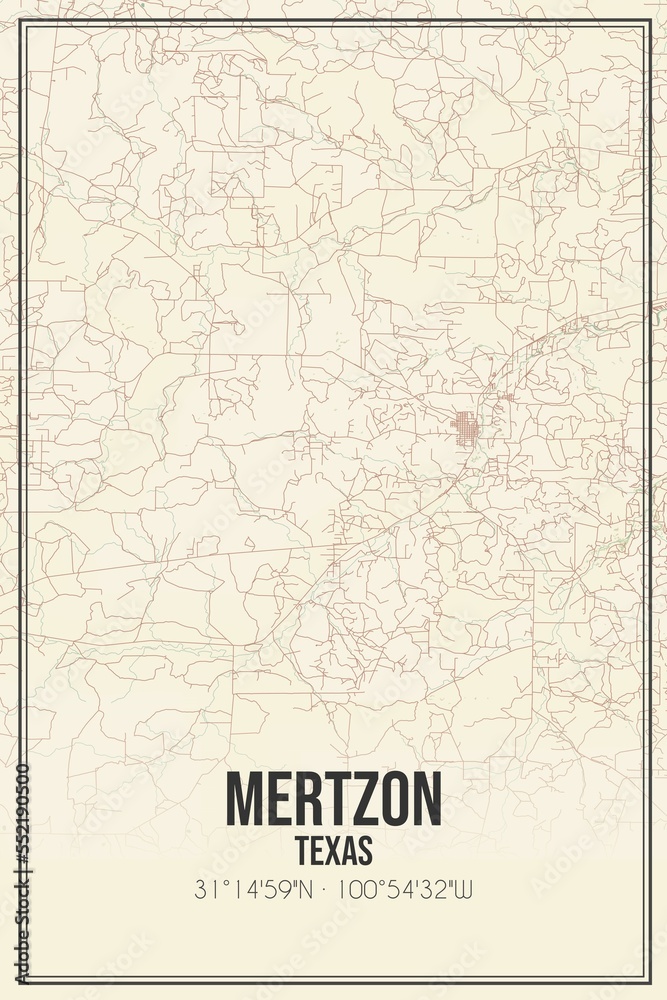 Retro US city map of Mertzon, Texas. Vintage street map.