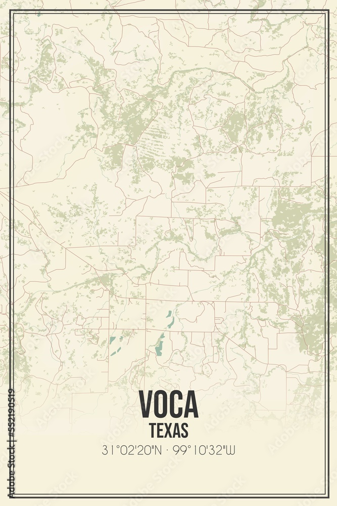 Retro US city map of Voca, Texas. Vintage street map.