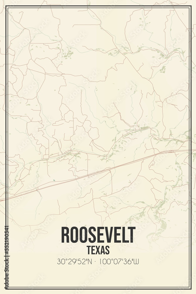 Retro US city map of Roosevelt, Texas. Vintage street map.