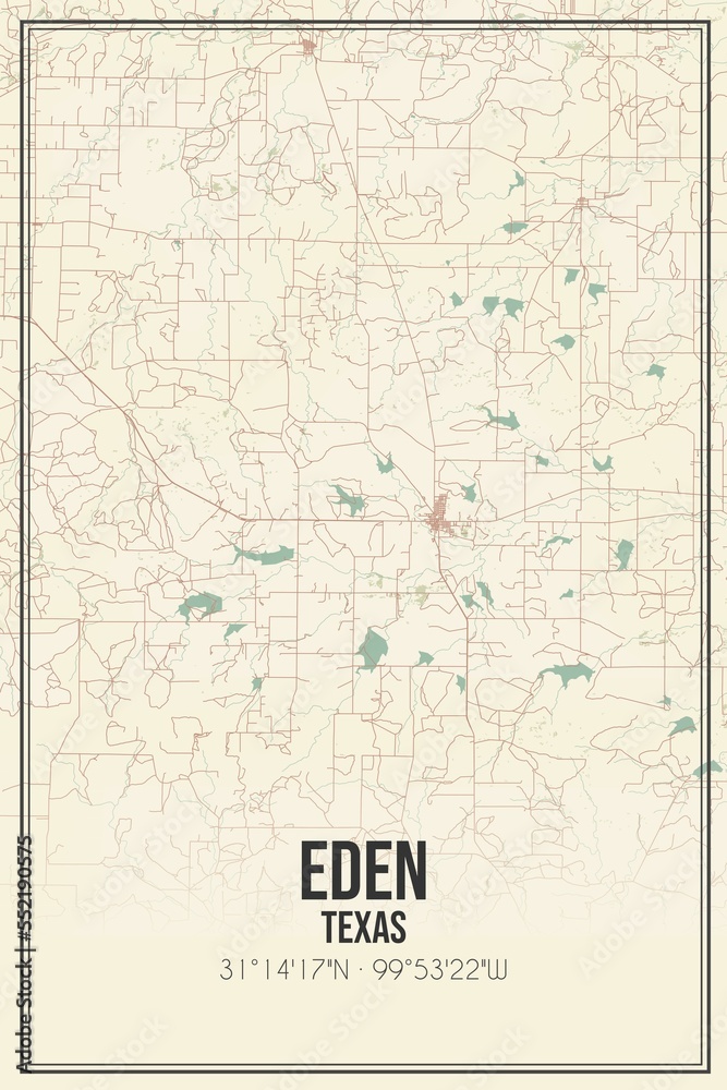 Retro US city map of Eden, Texas. Vintage street map.