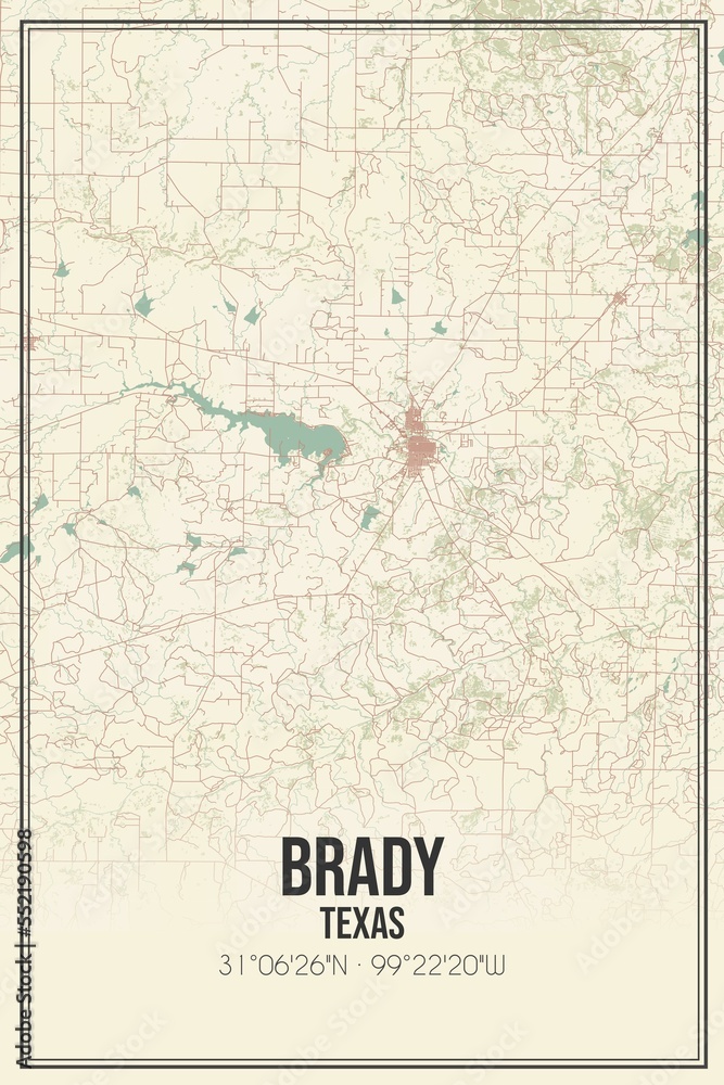 Retro US city map of Brady, Texas. Vintage street map.