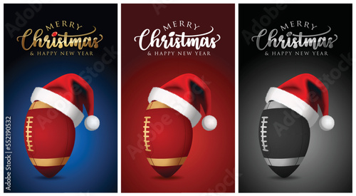 Christmas rugby ball and Santa Claus Hat - Merry christmas American football Sports Greeting Card - vector design illustration - Set of Blue Red Black Background
