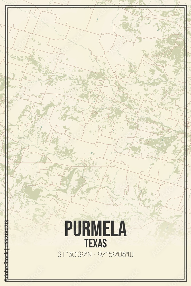 Retro US city map of Purmela, Texas. Vintage street map.