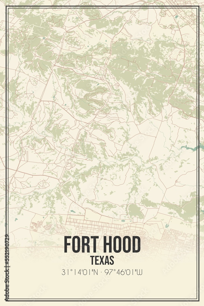Retro US city map of Fort Hood, Texas. Vintage street map.