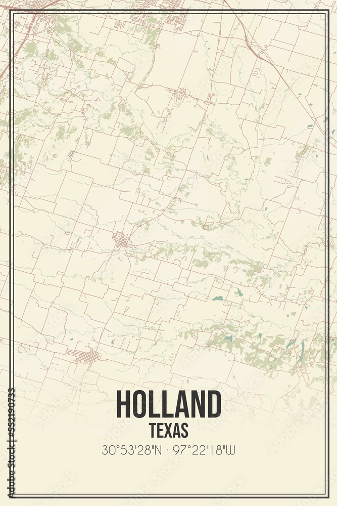 Retro US city map of Holland, Texas. Vintage street map.