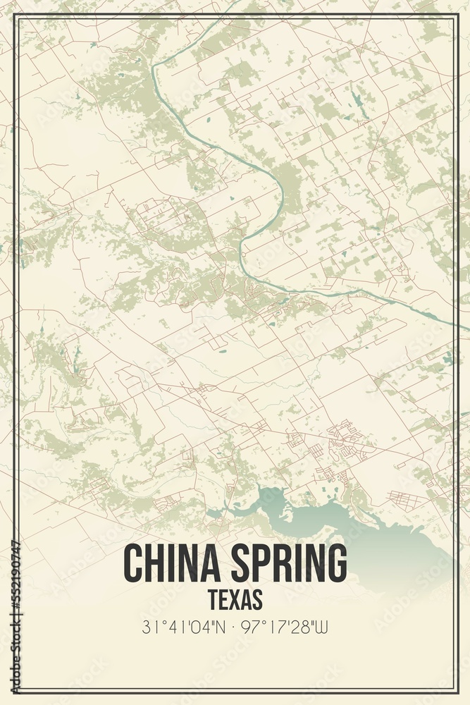 Retro US city map of China Spring, Texas. Vintage street map.