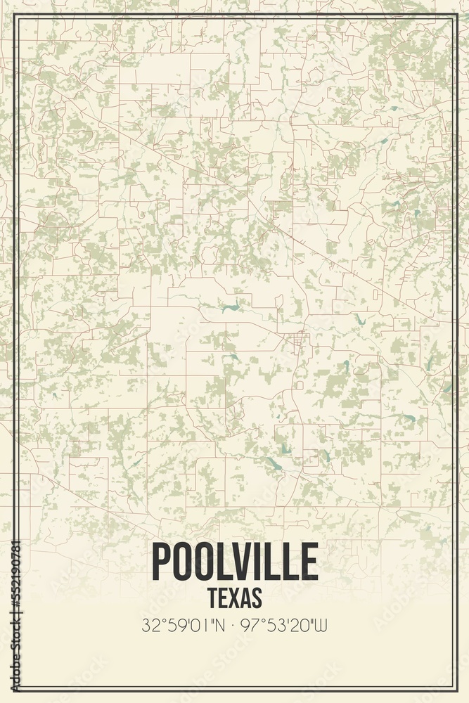 Retro US city map of Poolville, Texas. Vintage street map.