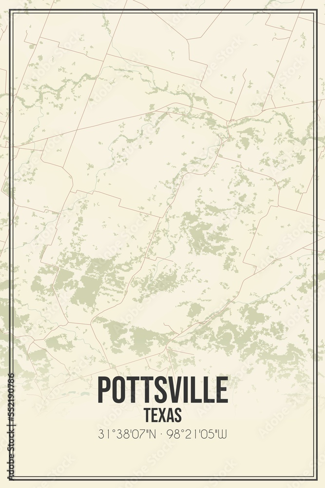 Retro US city map of Pottsville, Texas. Vintage street map.