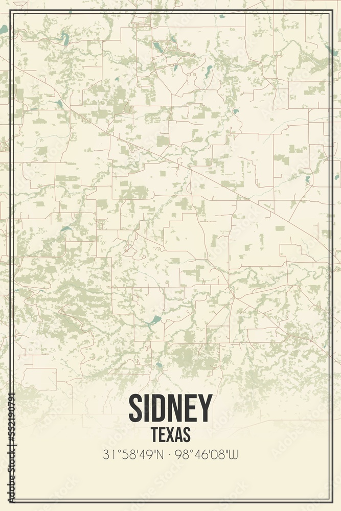 Retro US city map of Sidney, Texas. Vintage street map.
