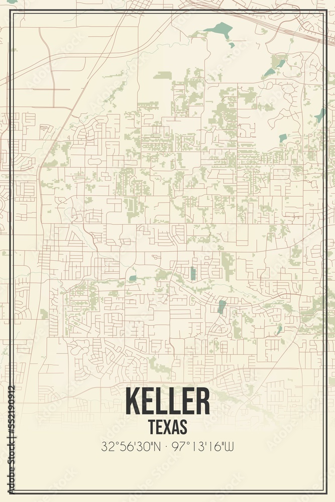 Retro US city map of Keller, Texas. Vintage street map.