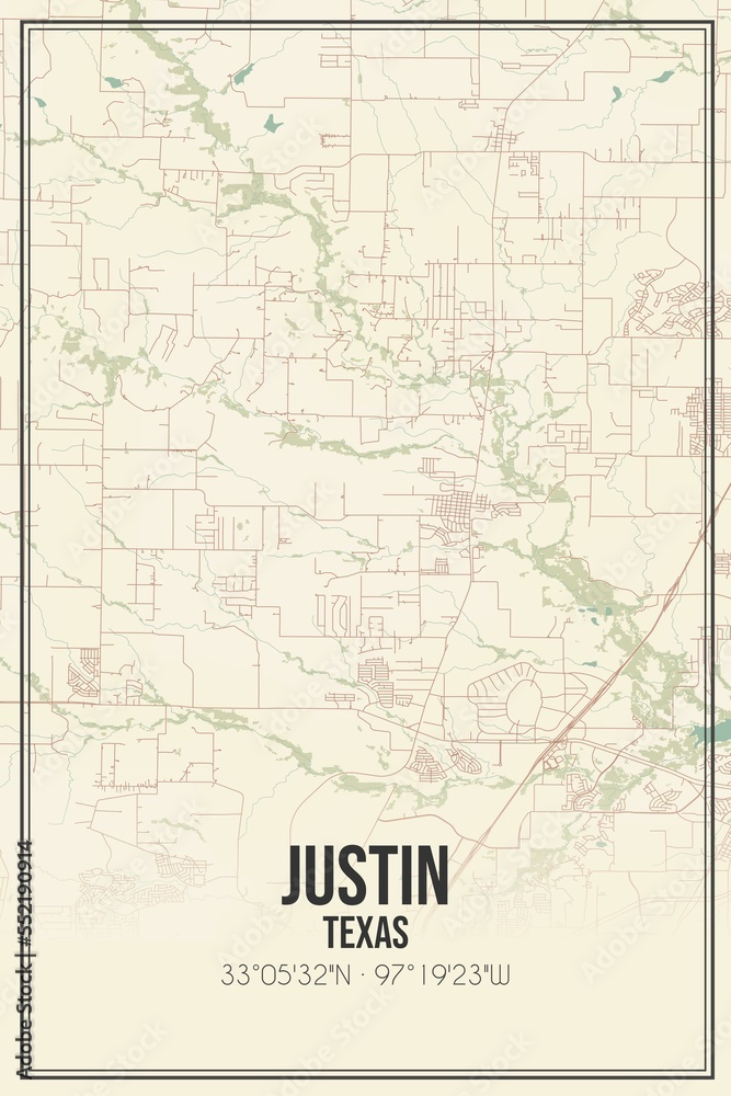 Fototapeta premium Retro US city map of Justin, Texas. Vintage street map.