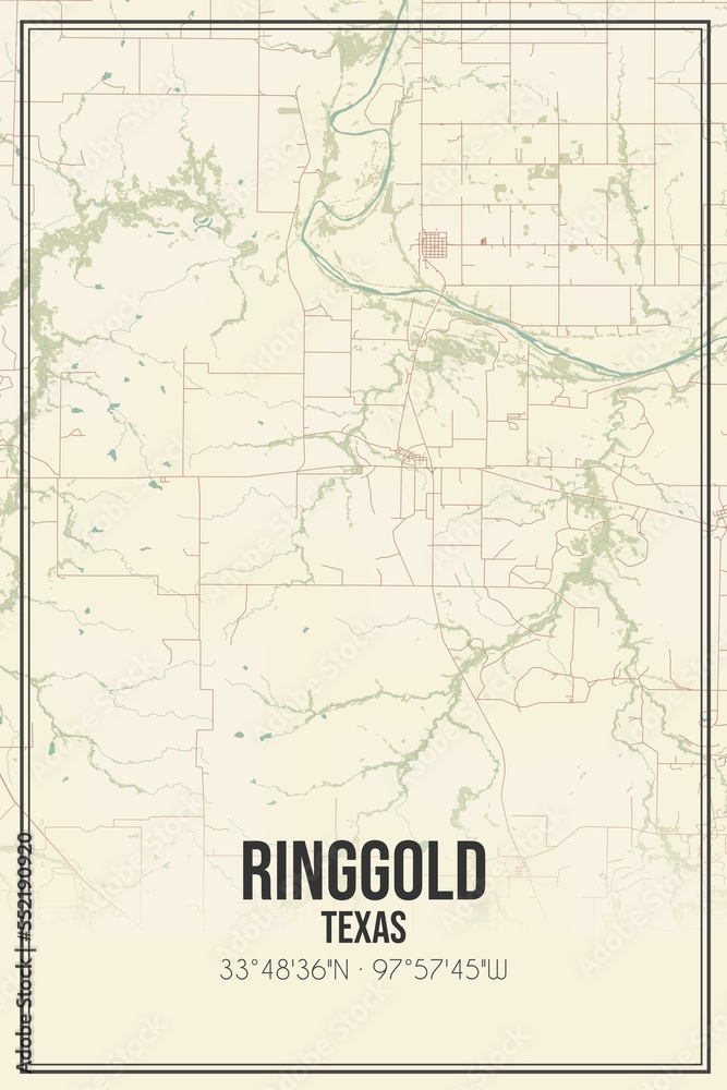 Retro US city map of Ringgold, Texas. Vintage street map.