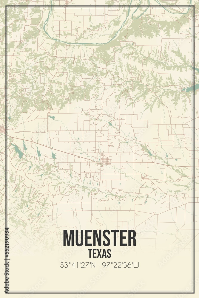Retro US city map of Muenster, Texas. Vintage street map.