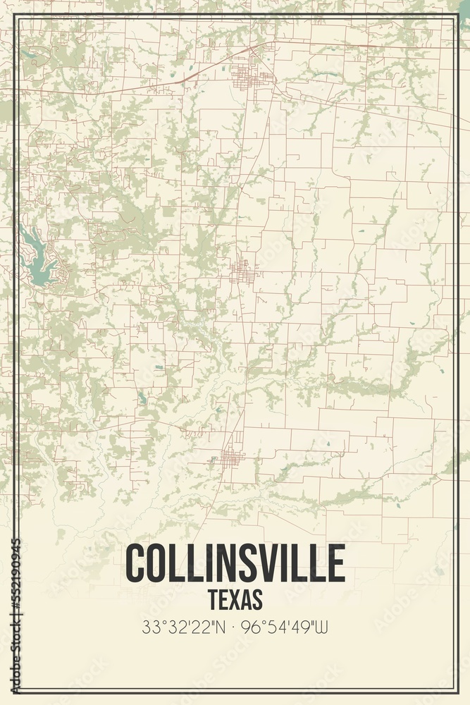 Retro US city map of Collinsville, Texas. Vintage street map.