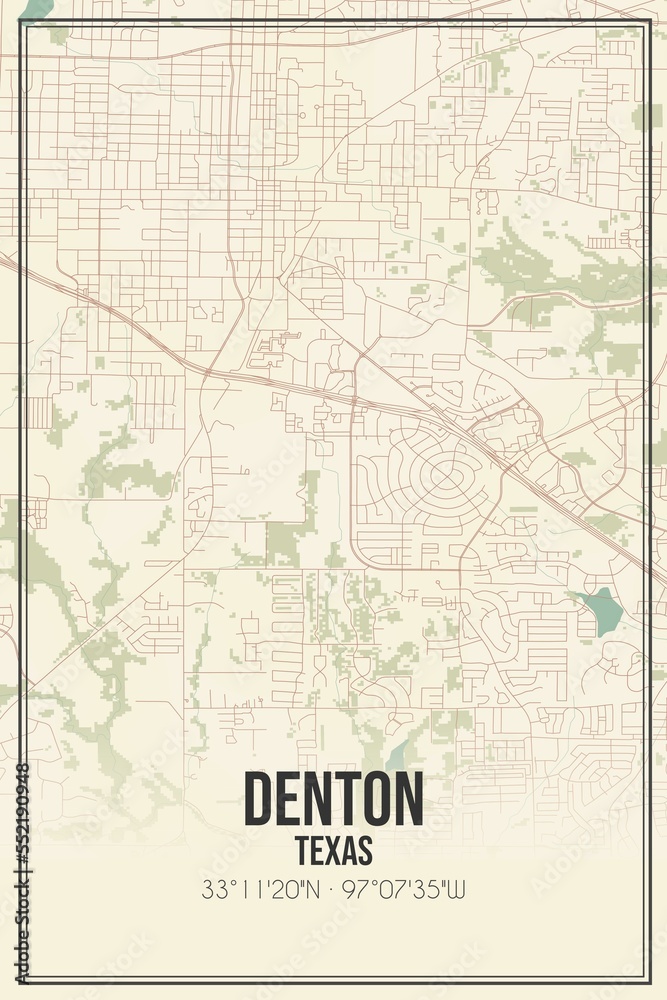 Retro US city map of Denton, Texas. Vintage street map.