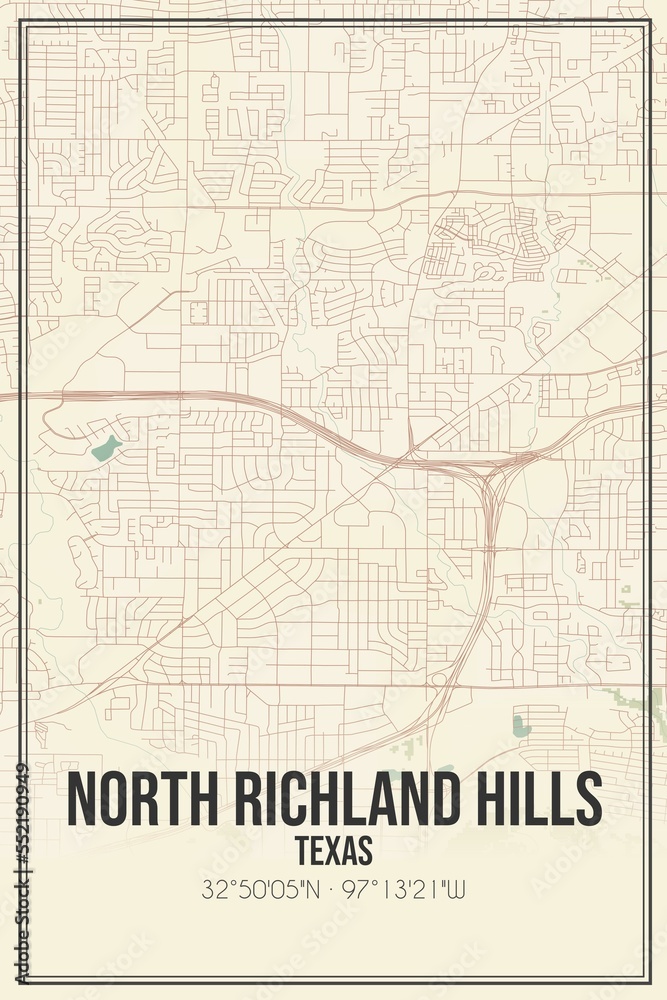 Retro US city map of North Richland Hills, Texas. Vintage street map.