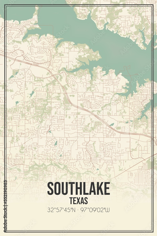 Retro US city map of Southlake, Texas. Vintage street map. Stock