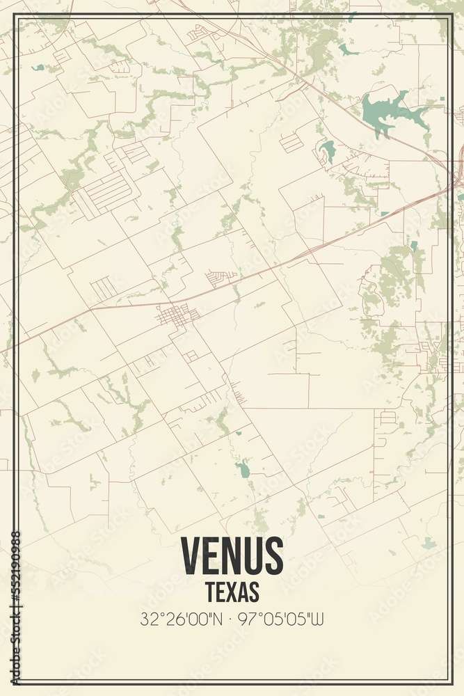 Obraz premium Retro US city map of Venus, Texas. Vintage street map.