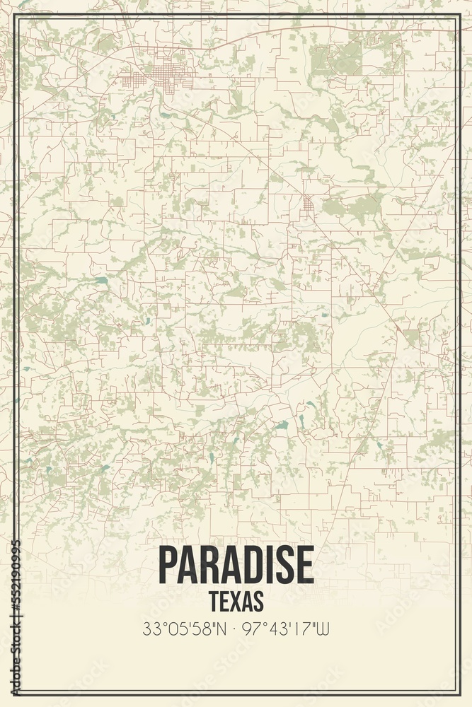 Retro US city map of Paradise, Texas. Vintage street map.