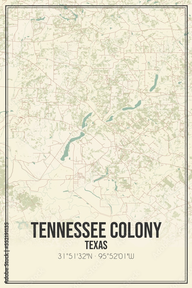 Retro US city map of Tennessee Colony, Texas. Vintage street map.