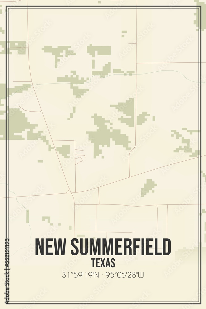 Retro US city map of New Summerfield, Texas. Vintage street map.