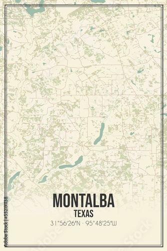 Retro US city map of Montalba, Texas. Vintage street map.