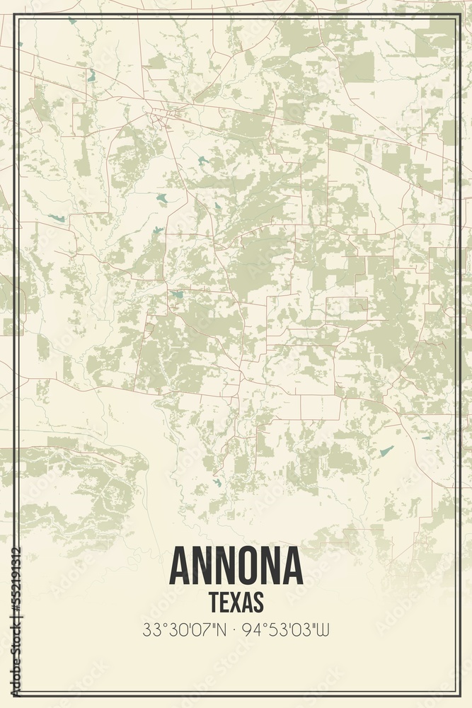 Retro US city map of Annona, Texas. Vintage street map.