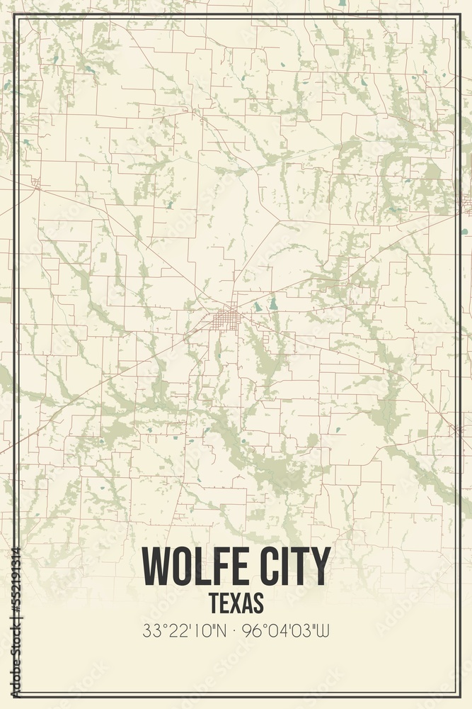 Retro US city map of Wolfe City, Texas. Vintage street map.