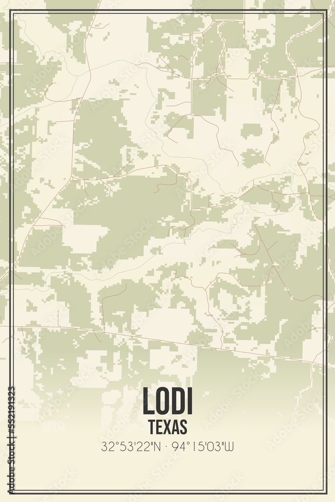 Retro US city map of Lodi, Texas. Vintage street map.