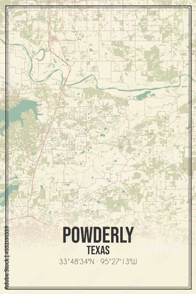 Retro US city map of Powderly, Texas. Vintage street map.