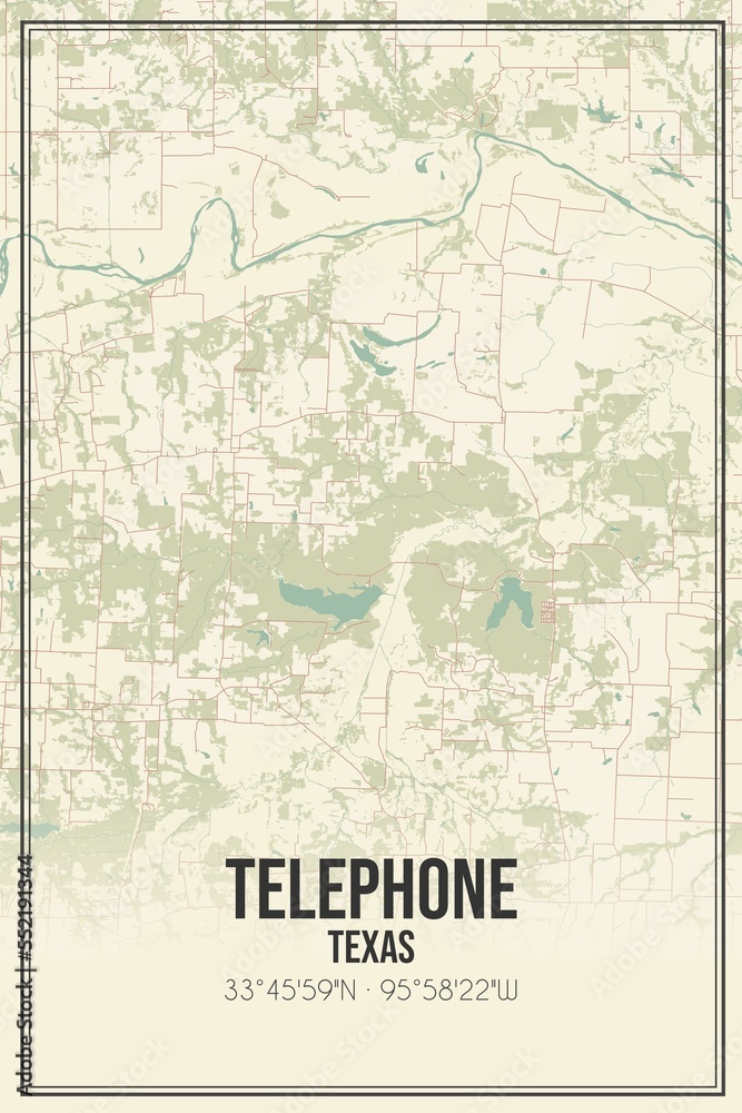 Retro US city map of Telephone, Texas. Vintage street map.