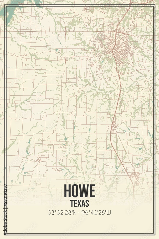Retro US city map of Howe, Texas. Vintage street map.