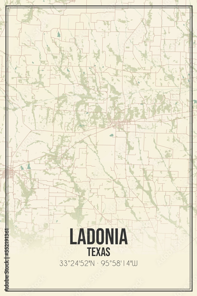 Retro US city map of Ladonia, Texas. Vintage street map.